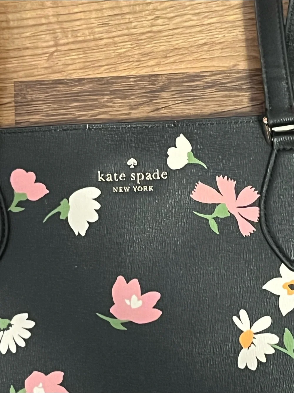 kate spade black floral print tote with pink and white blooms